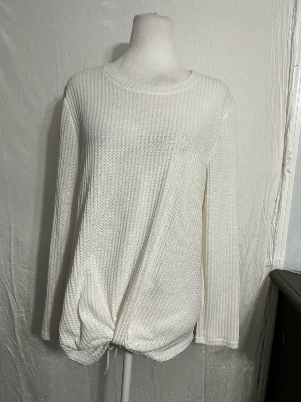 Women's Cream Waffle-Knit Long Sleeve Crew with Front Drawstring